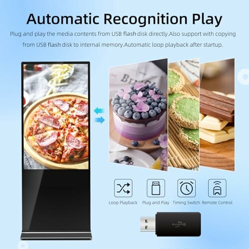 Digital display showing automatic recognition play features with images of food and desserts.