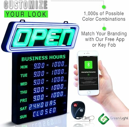 Customizable open sign with business hours and smartphone app.