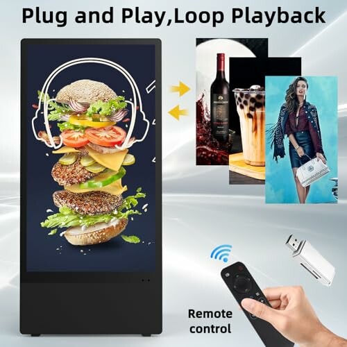 Digital signage display with various advertisements and remote control.