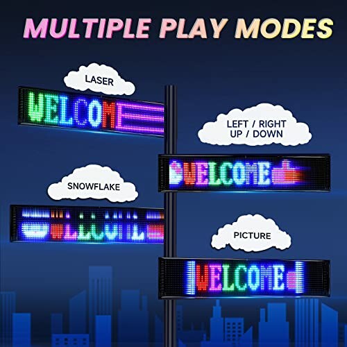 LED sign displaying multiple play modes: laser, snowflake, picture, direction control.