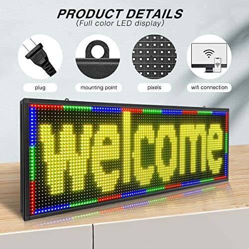 LED welcome sign with product details