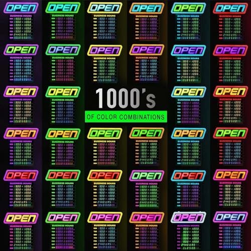 Multiple open signs with various color combinations.