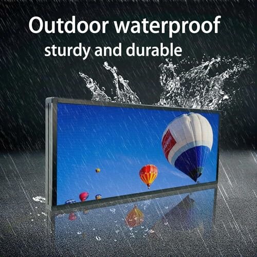Waterproof outdoor display with balloons on screen.